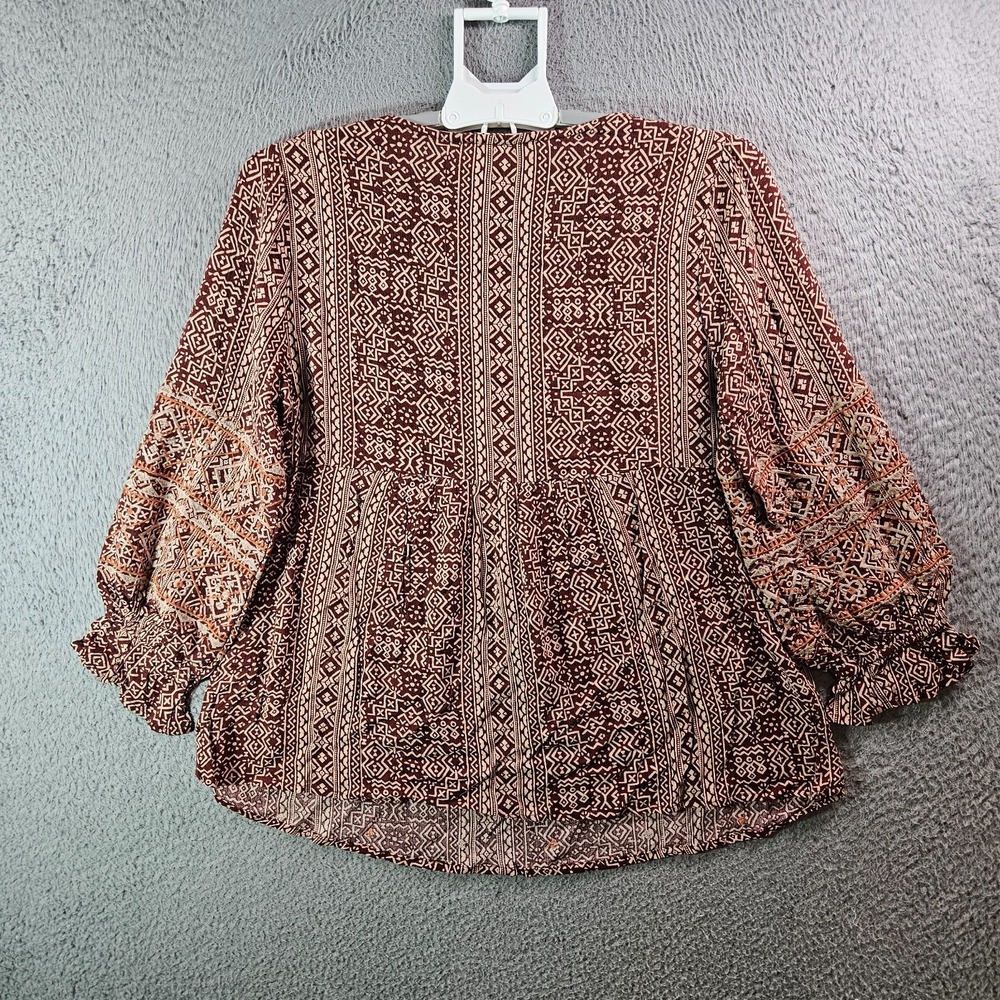NEW Savanna Jane Embroidered Top Blouse Women Small Geometric Maroon Beige - Picture 6 of 9